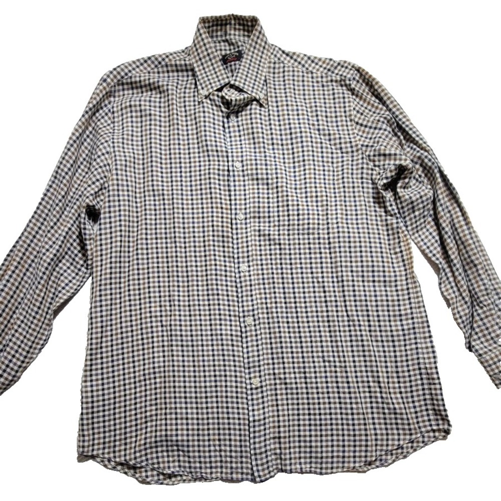 Paul & Shark Yachting Mens Large Plaid Gingham Check Shirt Blue Brown L